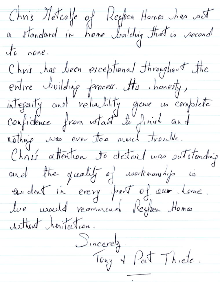 Photograph of Tony and Pat Thiele&rsquo;s handwritten thank-you note to Reefsea Homes